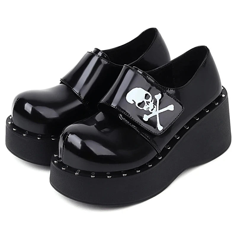 Stylish Platform Heels for Extra Height--Gothic Skull Hook Loop Platform Shoes For Women