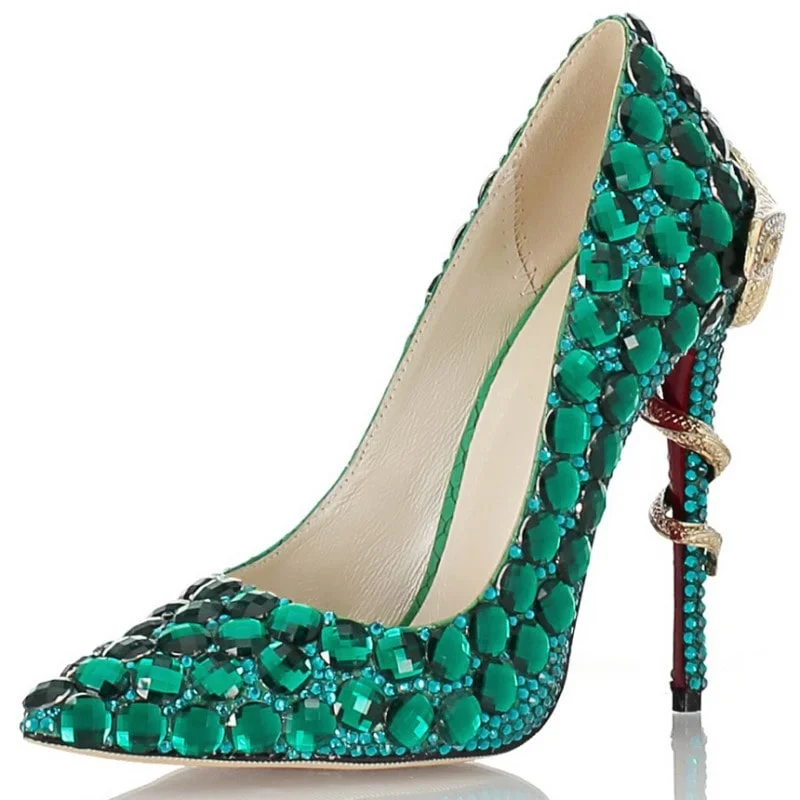 Stiletto Heel Pumps with Perfect Fit--Tucomosi Green Diamond Pointed Toe High Heels Wedding Shoes-Fashionable & Classic