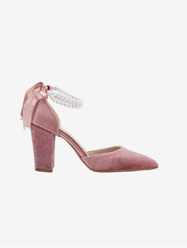 Luxurious Velvet Women's Pumps with Soft Finish---Hazel Vegan Velvet & Pearl Heels | Rose