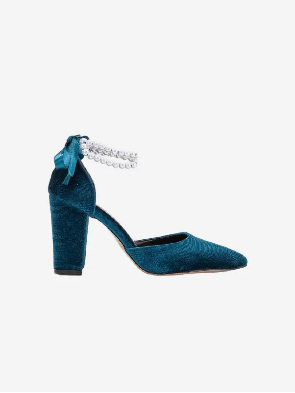 Luxurious Velvet Women's Pumps with Soft Finish---Hazel Vegan Velvet & Pearl Heels | Teal Blue