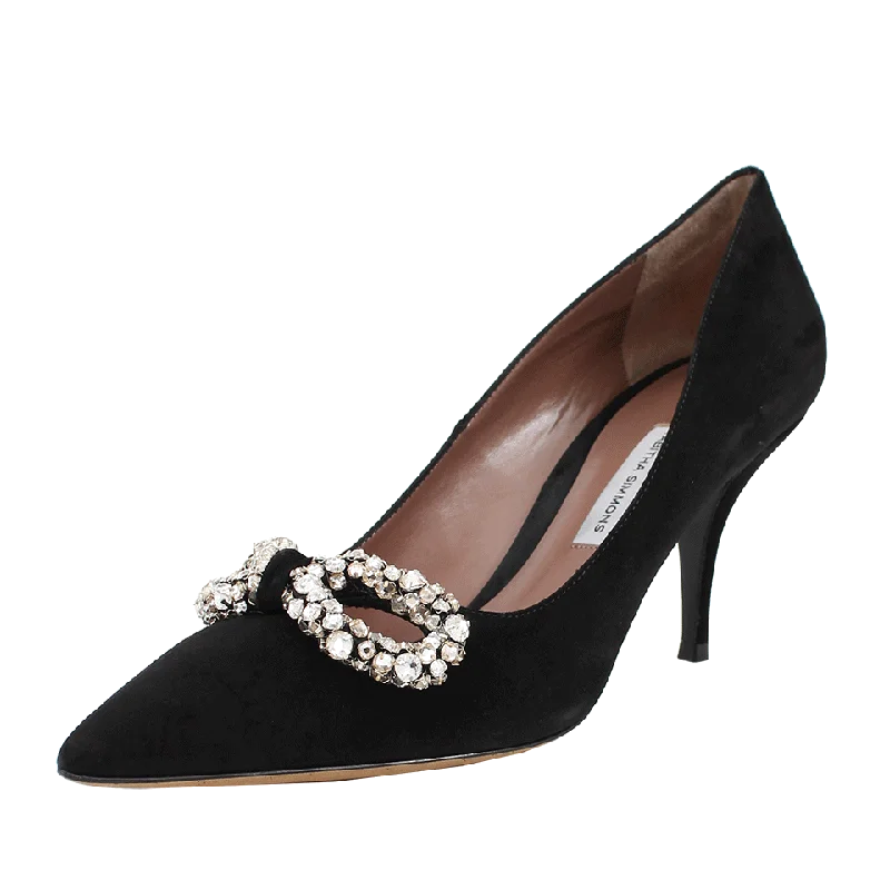 Affordable Suede Ankle Pumps for All-Day Wear--Jeanie Suede Crystal Bow Pump