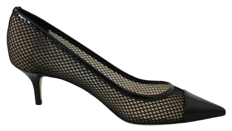 Jimmy Choo Black Mesh and Leather Amika 50 Pumps---Comfortable Leather Pumps for Office and Everyday Wear