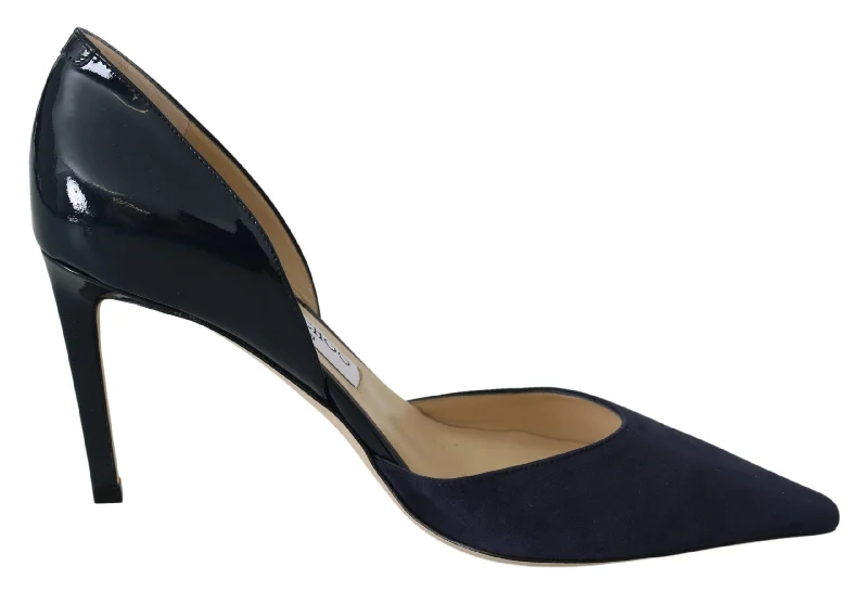 Jimmy Choo Navy Blue Leather Darylin 85 Pumps Shoes---Comfortable Leather Pumps for Office and Everyday Wear