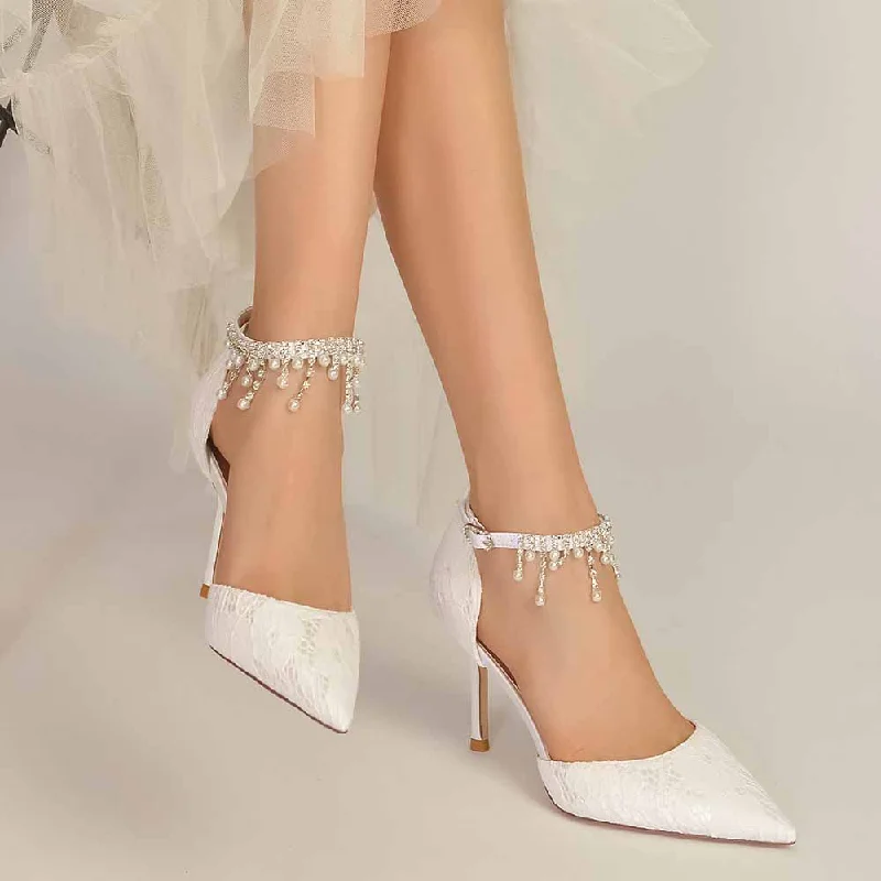 Stylish Ankle Strap Heels for Women--Lace Heels Ankle Strap Pumps With Pearls Bride Party Heel