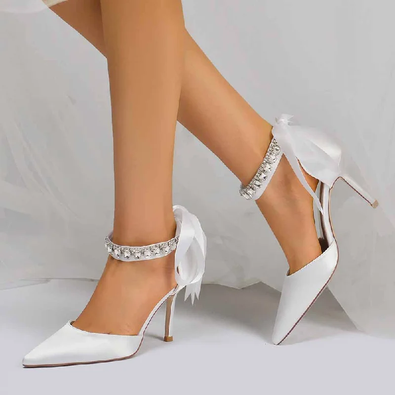 Stylish Ankle Strap Heels for Women--Lace-up Beaded Heels Ankle Strap Pumps Satin Party Heels Bride Heels