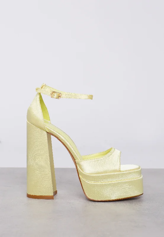 Stylish Open Toe Heels for Summer--Glamorous Lemon Satin Open Toe Platform Heels