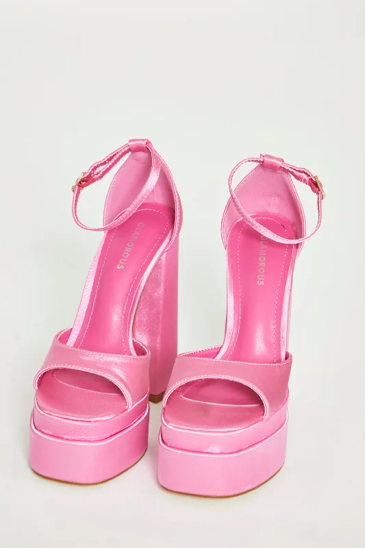 Stylish Open Toe Heels for Summer--Glamorous Pink Satin Open Toe Platform Heels