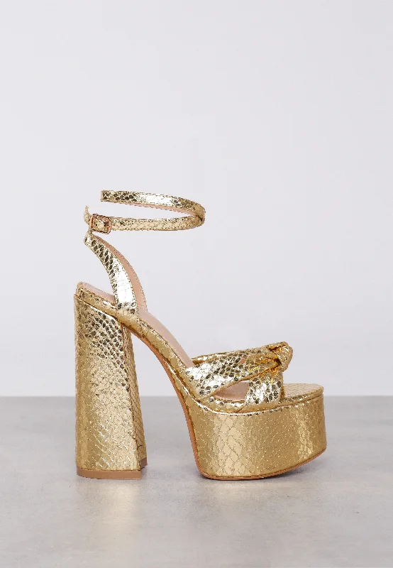 Stylish Platform Heels for Extra Height--Glamorous Gold Metallic Croc Platform Heels