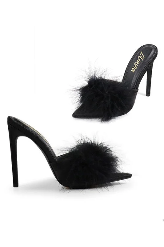 Laurent Feather Trim Heel in Black---Fashionable Kitten Heels for Date Night