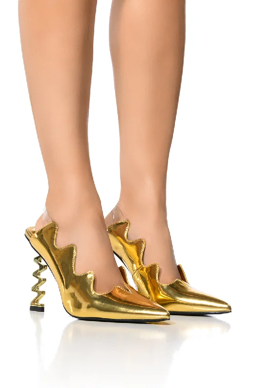 Versatile Dress Heels for Formal and Casual Wear---LIGHTNING STRIKE METALLIC SQUIGGLE HEEL PUMP IN GOLD