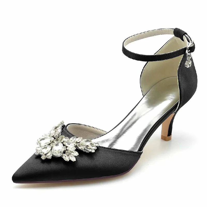 Stylish Ankle Strap Heels for Women--Low Heels Beaded Wedding Heels Ankle Strap Pumps Satin Party Heels