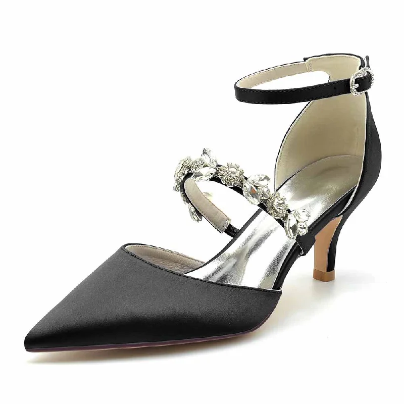 Stylish Ankle Strap Heels for Women--Low Heels Beaded Wedding Satin Heels Ankle Strap Pumps Party Heels