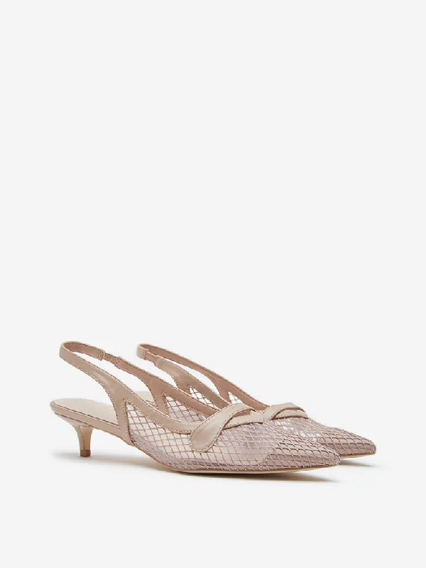 Versatile Heeled Sandals for Any Occasion---LUNA BLU Beige Mesh Detailed Slingback Shoes