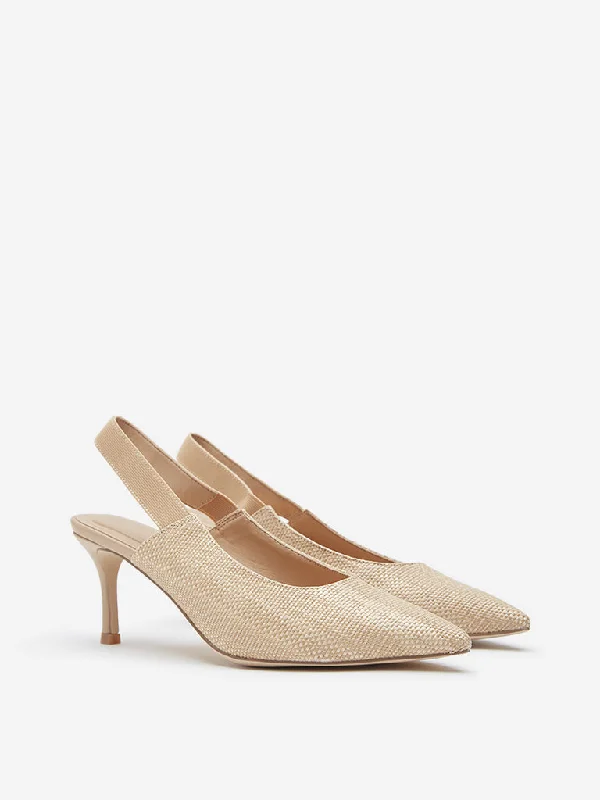 Versatile Heeled Sandals for Any Occasion---LUNA BLU Beige Textured Slingback Heel Shoes