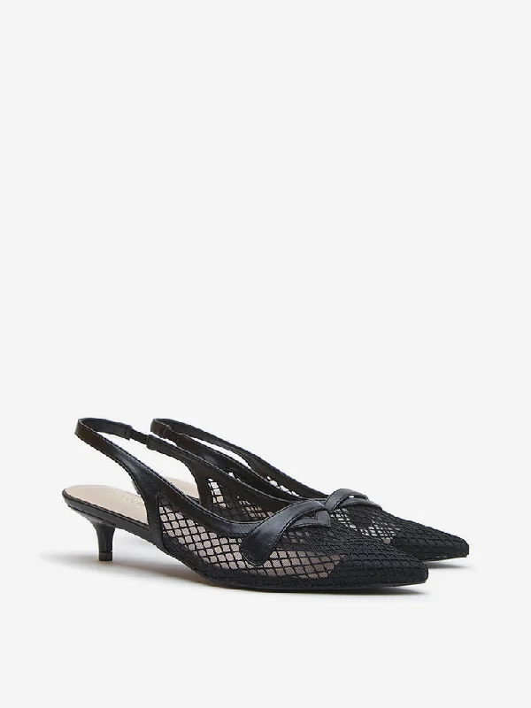 Versatile Heeled Sandals for Any Occasion---LUNA BLU Black Mesh Detailed Slingback Shoes