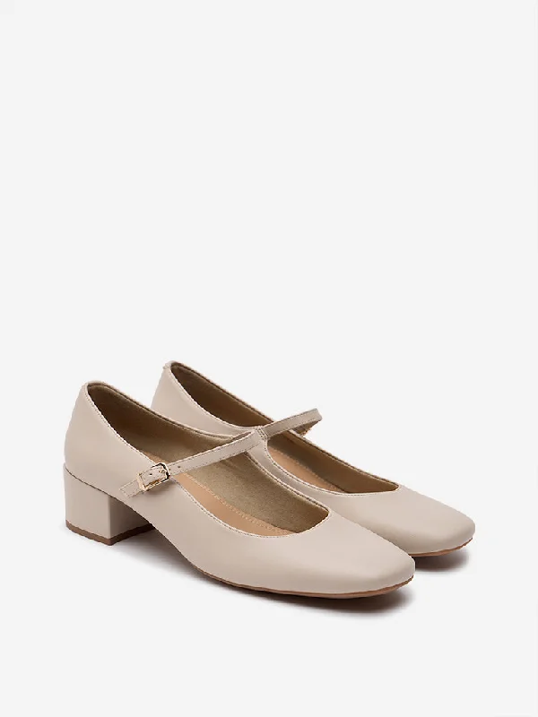 Trendy Chunky Heel Pumps for Casual Wear--LUNA BLU Ivory Belted Block Heel Shoes