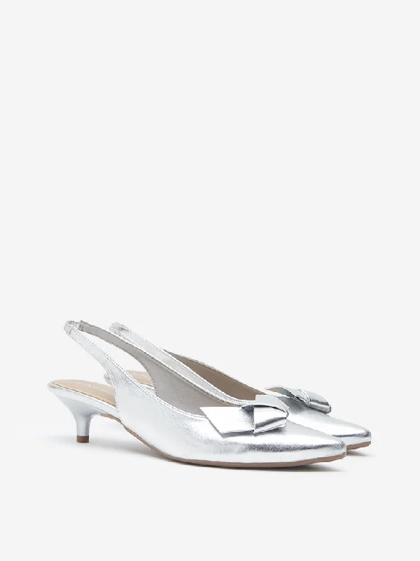 LUNA BLU Silver Bow-Detailed Slingback Shoes---Charming Bow Pumps for a Cute and Stylish Look