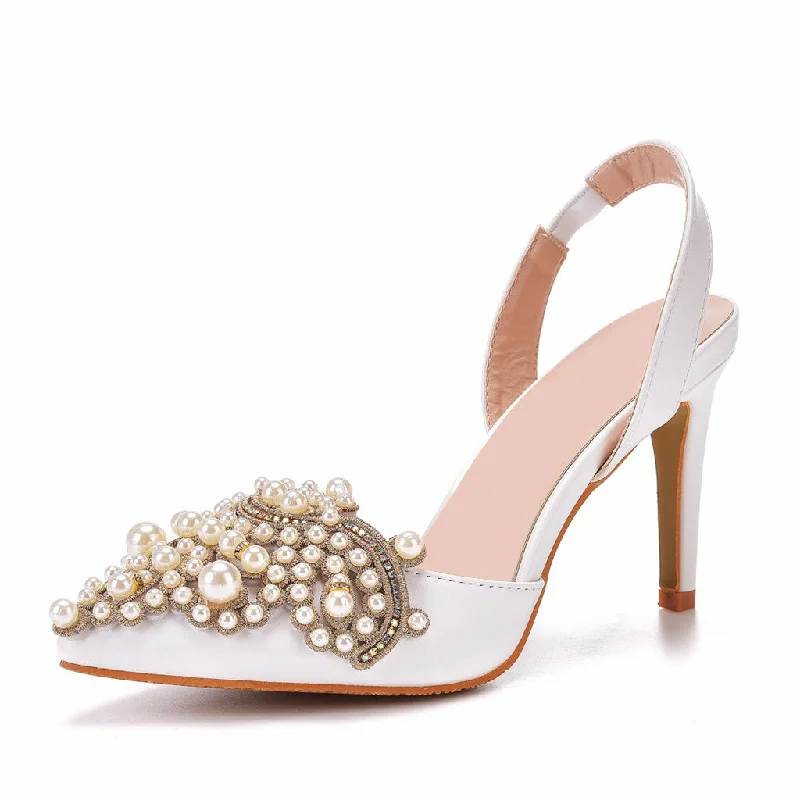 Stiletto Heel Pumps with Perfect Fit--Luxury Pearl Embellished Pointed Toe Slingback Pumps - White-Fashionable & Classic