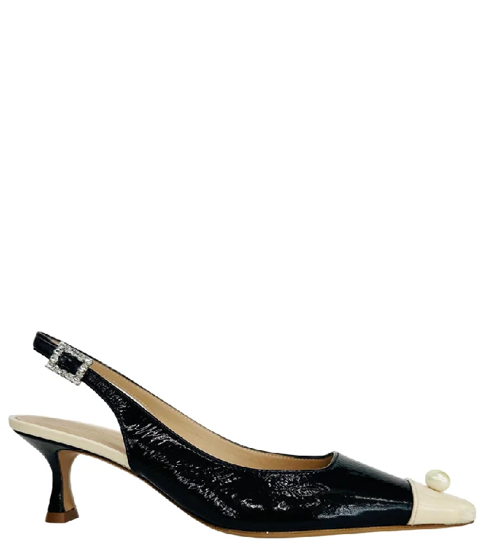 Navy/Off White Sling back Kitten Heel With Pearl---Fashionable Kitten Heels for Date Night