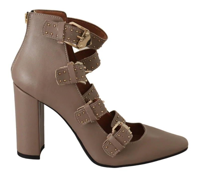 Trendy Chunky Heel Pumps for Casual Wear--MY TWIN Brown Leather Block Heels Multi Buckle Pumps Shoes