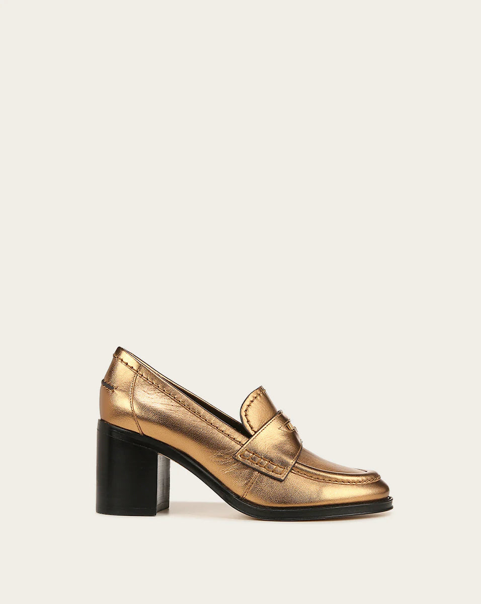 Trendy Chunky Heel Pumps for Casual Wear--Penny Leather Loafer Heel - Dark Gold