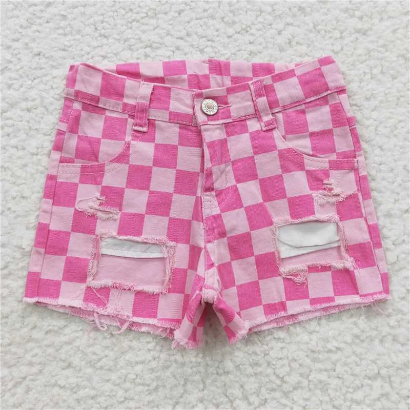 Women's denim shorts with an elongated hemline :SS0092 Pink plaid jeans baby girls summer denim shorts