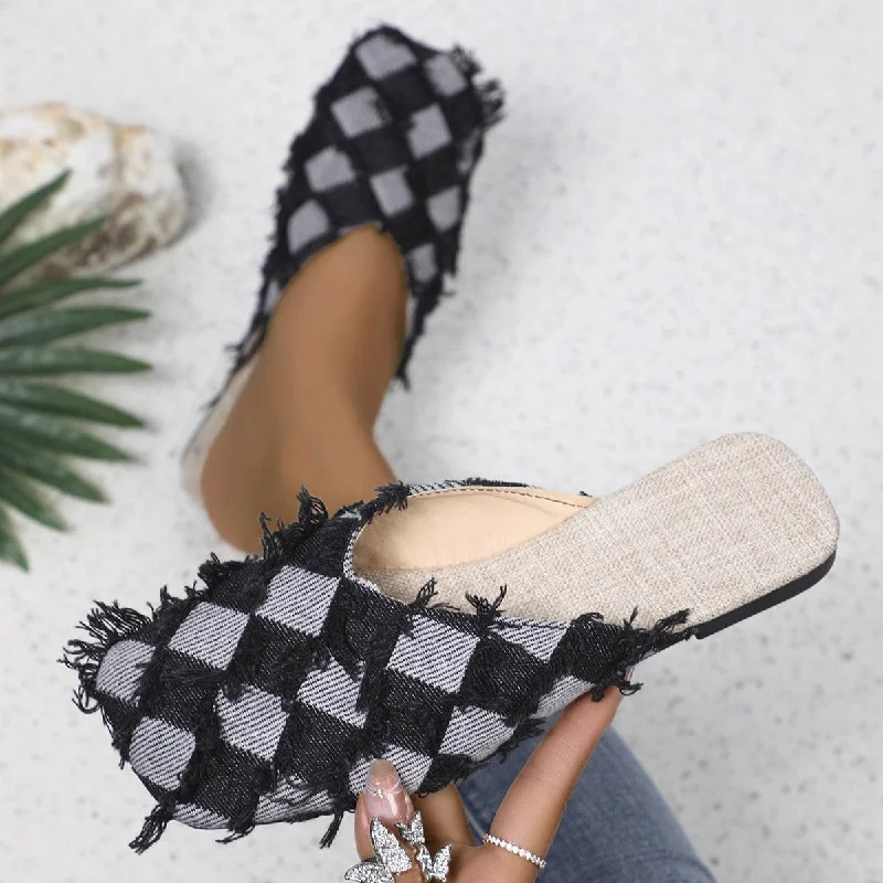 Plaid Square Toe Flat Slippers---Durable Square Toe Block Heels for Everyday Use