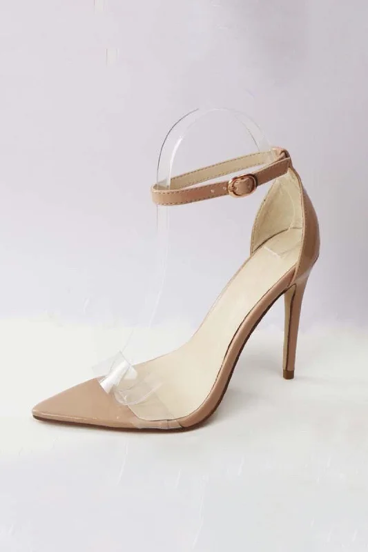 Stylish Ankle Strap Heels for Women--Exception, Pointed Clear band open toe heels with ankle strap