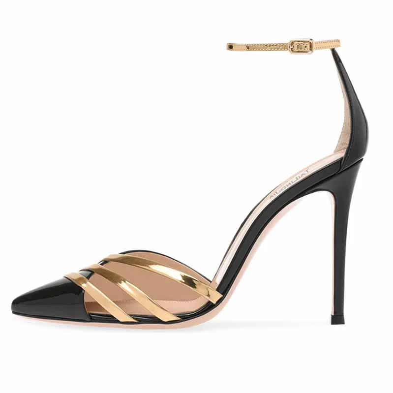 Stylish Ankle Strap Heels for Women--Pointed Toe Black Ankle Strap Gold Chains Stilettos Pump Heels