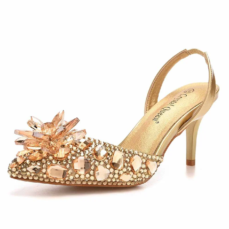 Stiletto Heel Pumps with Perfect Fit--Pointed Toe Gold Rhinestone Crystal Low Prom Heels Wedding Shoes-Fashionable & Classic