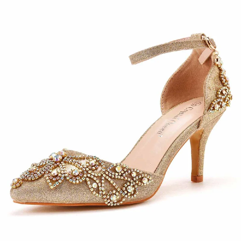 Pointed Toe Gold Rhinestone Glitter Low Heels Wedding Shoes---Trendy Glitter Heels for a Glamorous Look