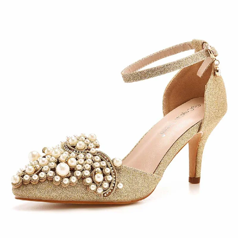 Stiletto Heel Pumps with Perfect Fit--Pointed Toe Gold Rhinestone Pearl Low Heels Wedding Shoes-Fashionable & Classic