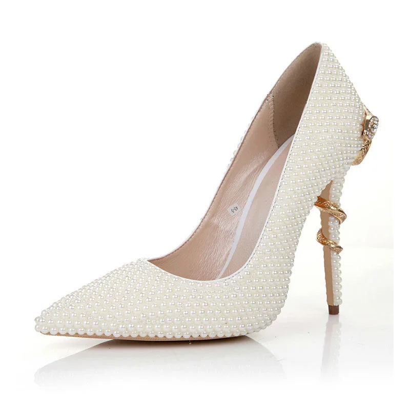 Stiletto Heel Pumps with Perfect Fit--Tucomosi Pointed Toe Pearl Pump Heels-Fashionable & Classic