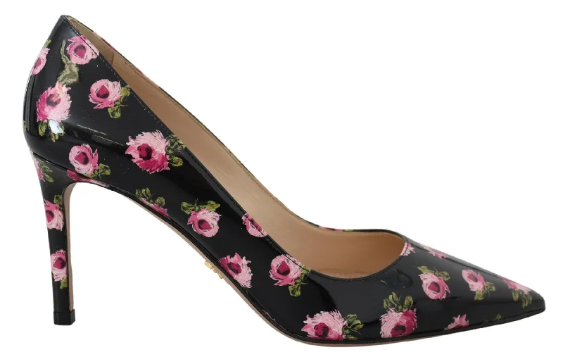 Stiletto Heel Pumps with Perfect Fit--Prada Black Leather Floral Heels Stilettos Pumps-Fashionable & Classic