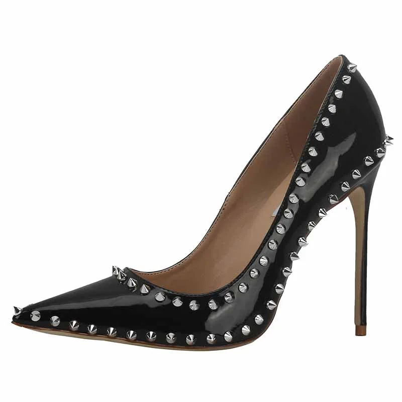 Stiletto Heel Pumps with Perfect Fit--Black Rivet Studded Pointed Toe Slip on Sexy High Heel Pump Shoes-Fashionable & Classic