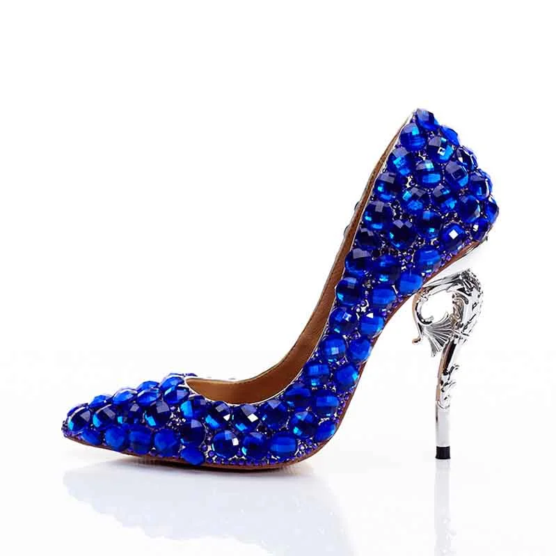 Affordable Rhinestone Pumps for a Dazzling Look---Royal Blue Rhinestone Wedding Pumps Women High Heels Crystal Shoes