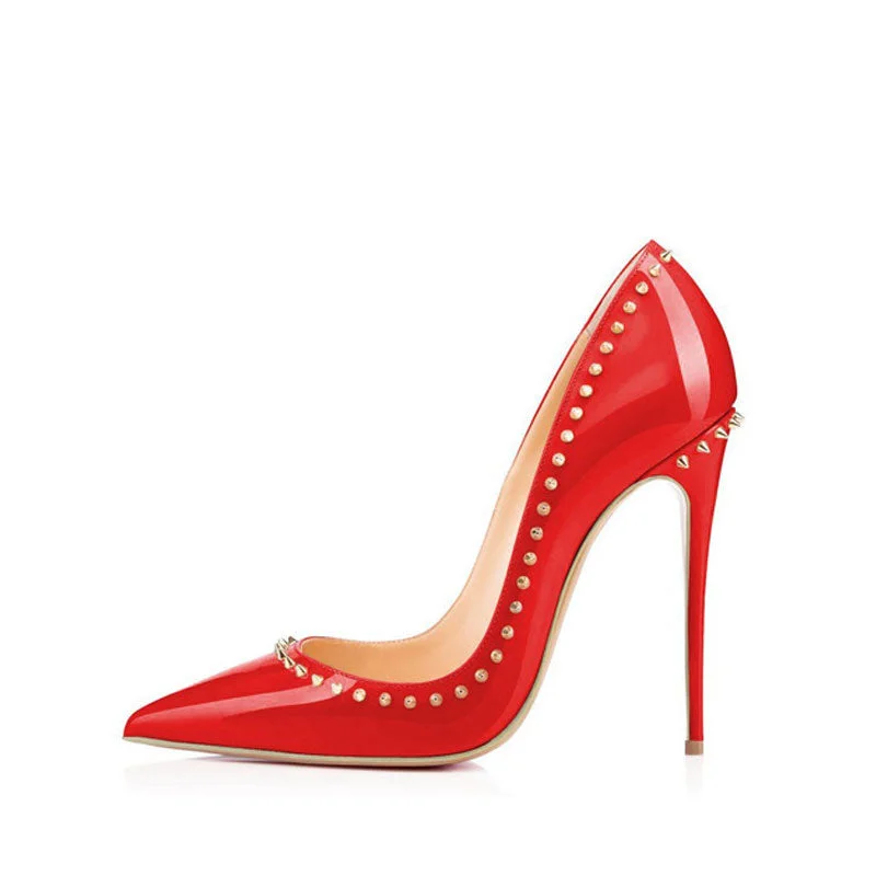 Sleek and Shiny Patent Pump Heels for a Polished Look--Sassy Patent Leather Pointed Toe Studded Stiletto Pumps - Red