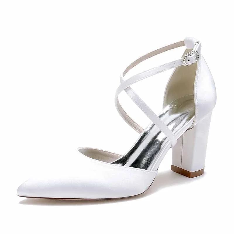 Satin Cross Strap Chunky Heel Classics Wedding ShoesAffordable Satin Heels with a Luxe Touch