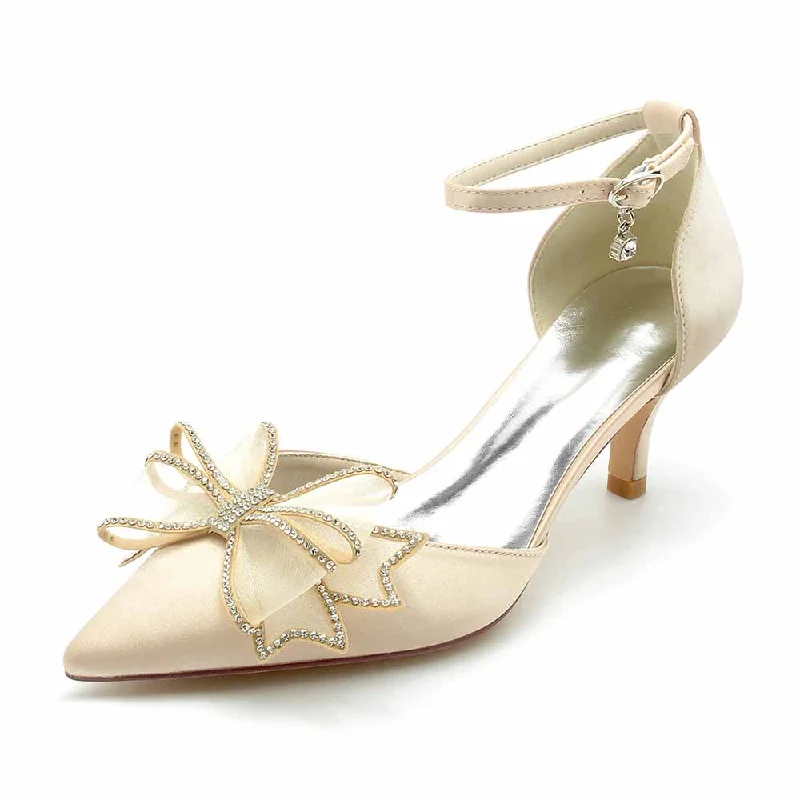 Satin Low Heeled Bridal Shoes Pointed Toe Wedding Heels Ankle Strap Party Heels