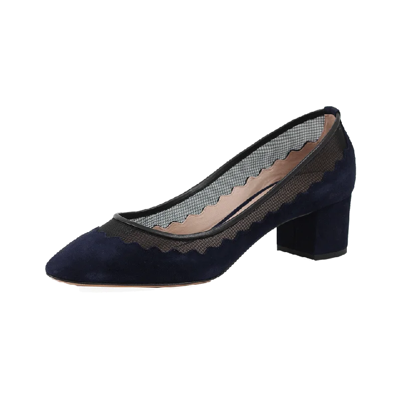 Affordable Suede Ankle Pumps for All-Day Wear--Scallop Navy Suede Pump