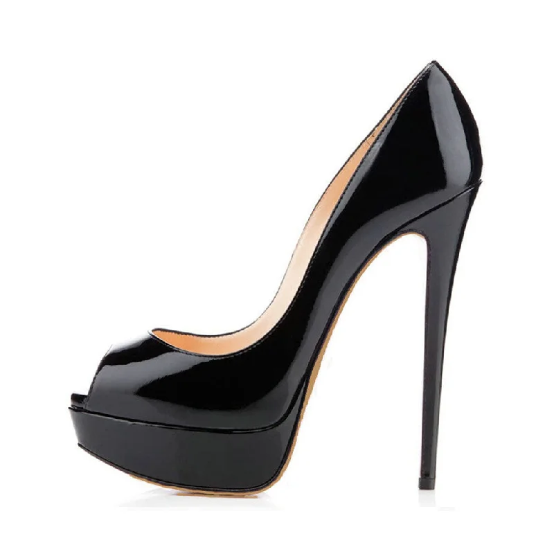 Sleek and Shiny Patent Pump Heels for a Polished Look--Sexy Peep Toe Patent Leather Platform Stiletto Pumps - Black