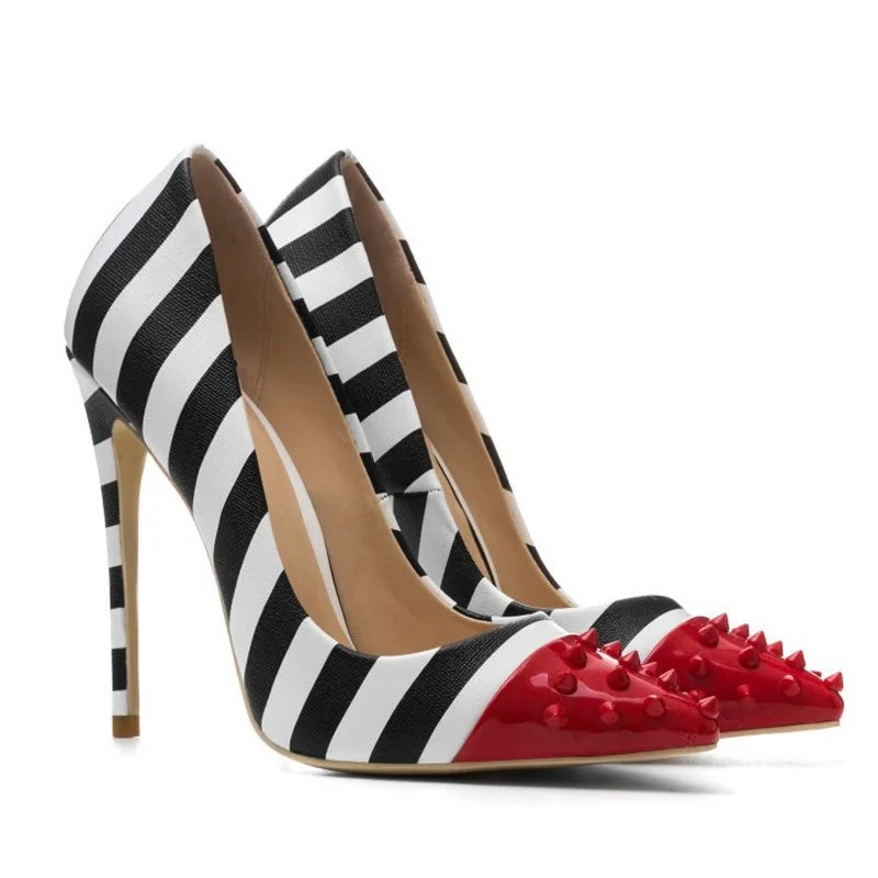 Sharp Studded Pointed Top Striped Print High Heel Pumps - Black---Fashionable Kitten Heels for Date Night