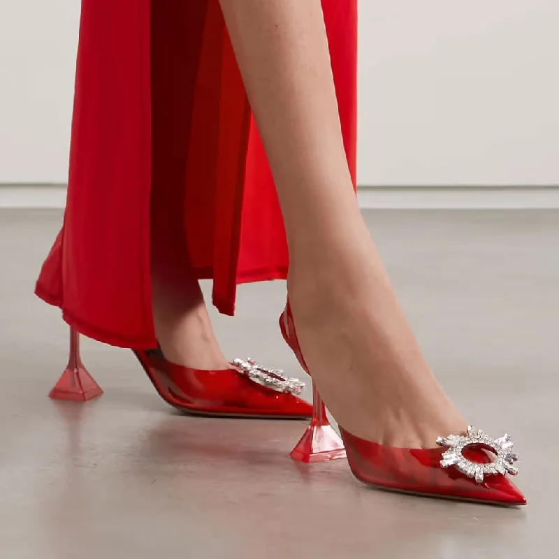 Shiny Crystal Embellished Clear Martini Heel Slingback Pumps - Red---Chic Embellished Pumps for a Glamorous Look