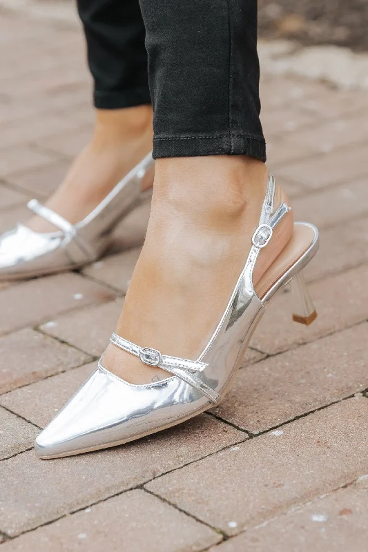 Stiletto Heel Pumps with Perfect Fit--Sleek Silver Buckle Detail Slingback Heels-Fashionable & Classic