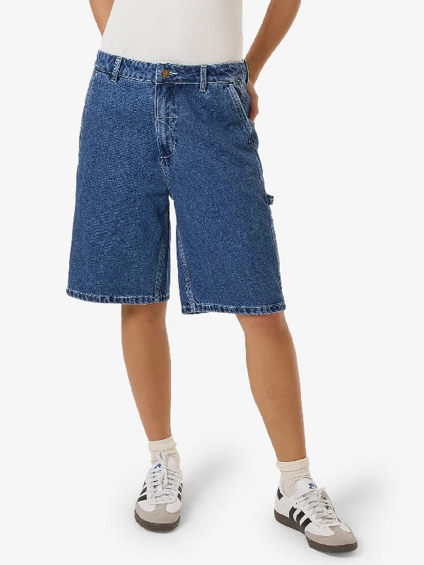 Women's denim shorts for warm weather outings :Slouch Carpenter Short - Double Rinsed Blues