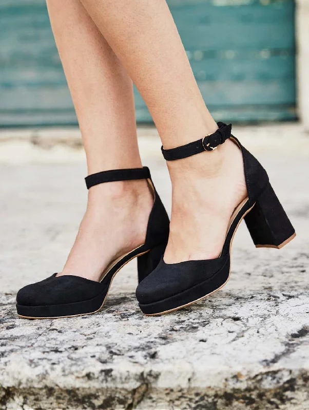 Affordable Suede Ankle Pumps for All-Day Wear--Sigh Vegan Suede Platform Heels | Black