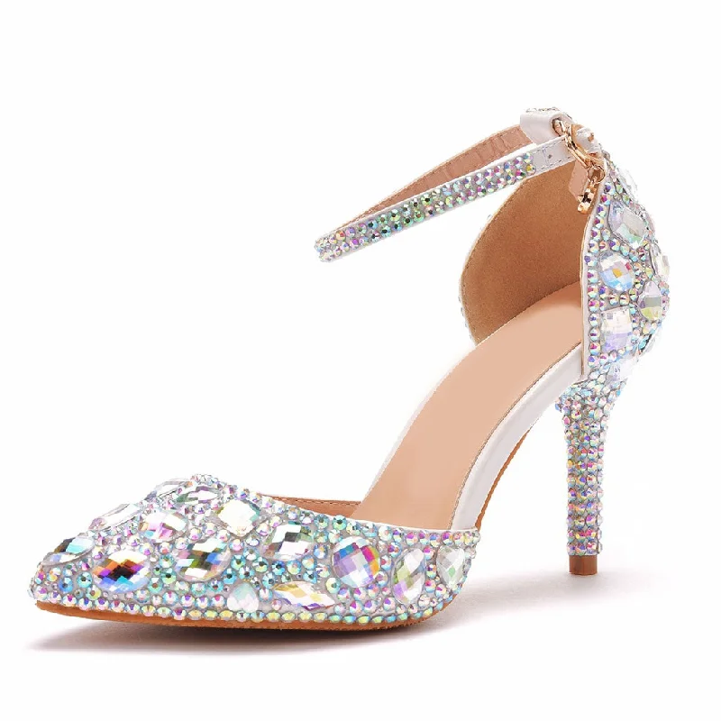 Stylish Ankle Strap Heels for Women--Sparkly Rhinestone Embellished Ankle Strap Stiletto Pumps - Multicolor