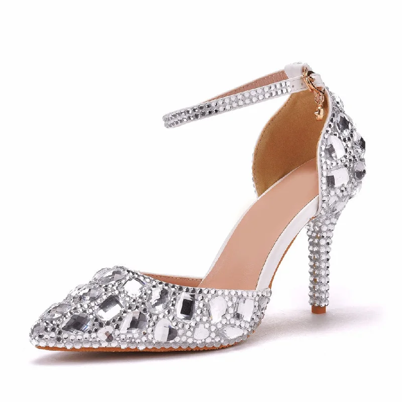 Stylish Ankle Strap Heels for Women--Sparkly Rhinestone Embellished Ankle Strap Stiletto Pumps - White