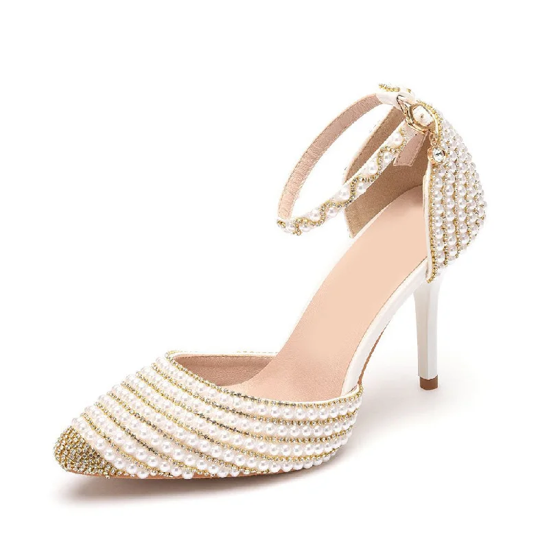 Stylish Ankle Strap Heels for Women--Sparkly Rhinestone Pearlized Ankle Strap Stiletto Pumps - Gold