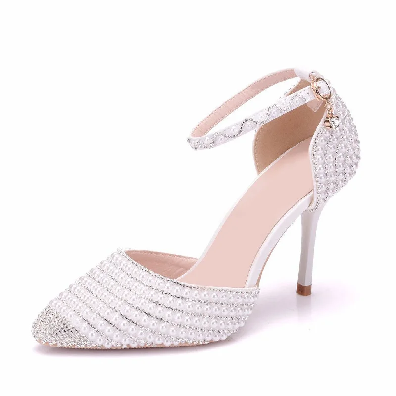 Stylish Ankle Strap Heels for Women--Sparkly Rhinestone Pearlized Ankle Strap Stiletto Pumps - Silver